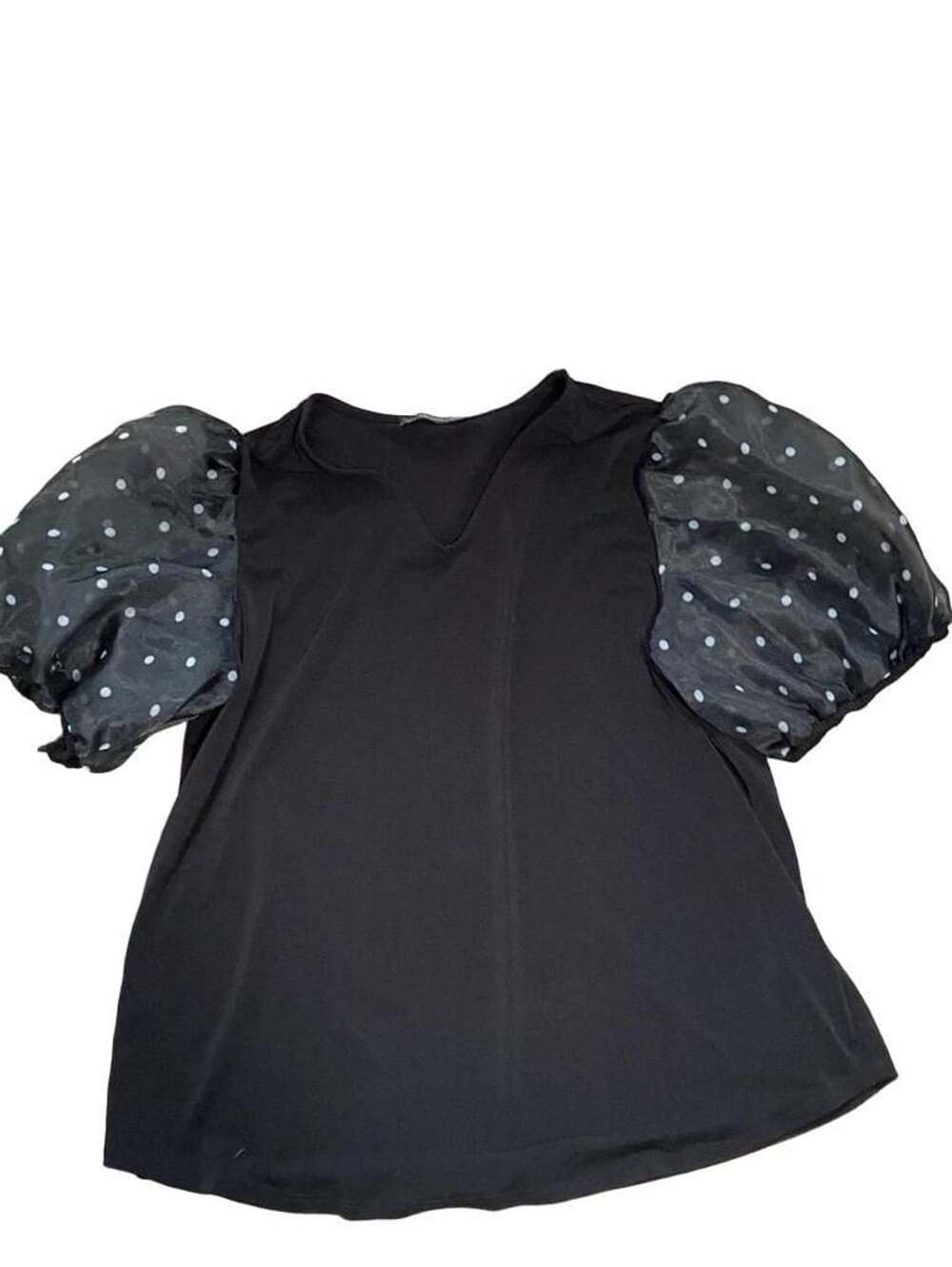Adrianna Papell Black Top with Polka Dot Sheer Puff Sleeves